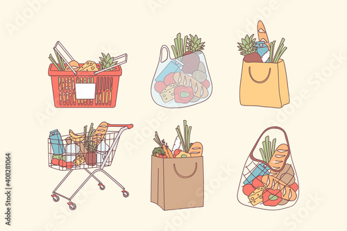 Shopping bags and grocery purchases concept. Full bags and baskets with natural food, organic fruits and vegetables for clean eating healthy diet vector illustration. Department store goods