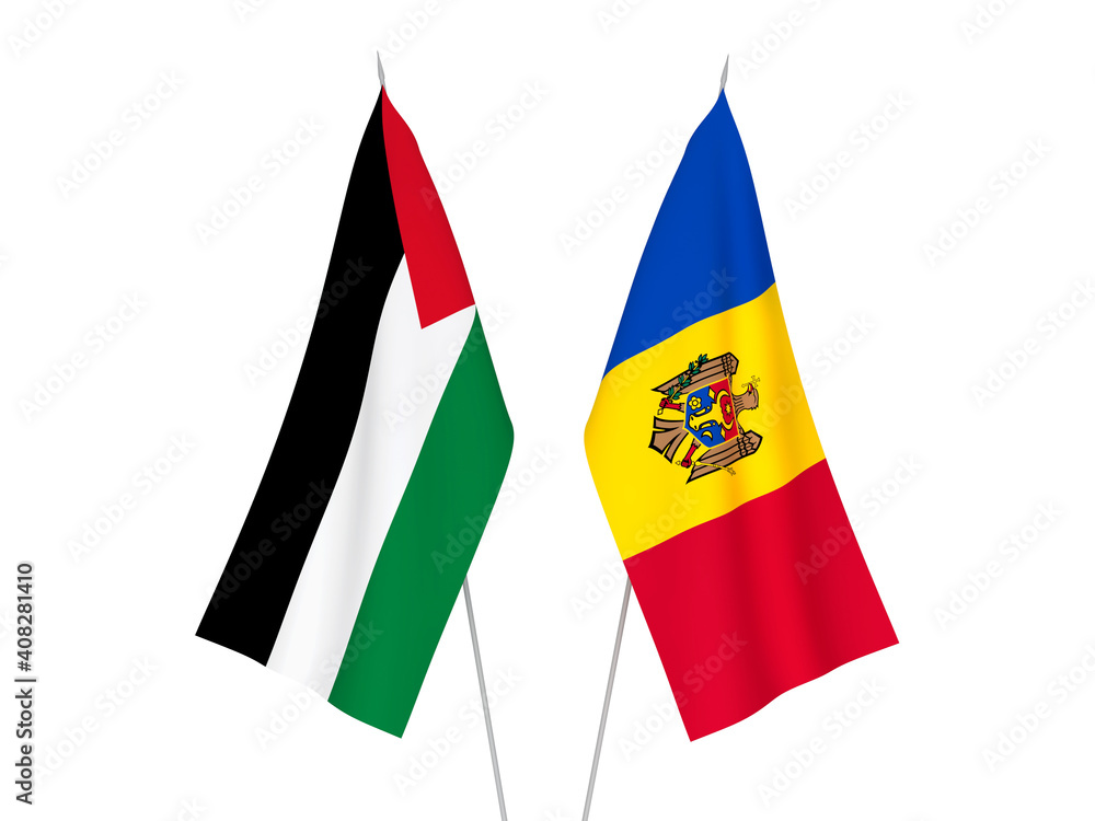 National fabric flags of Palestine and Moldova isolated on white background. 3d rendering illustration. National fabric flags of Palestine and Moldova isolated on white background. 3d rendering illustration.