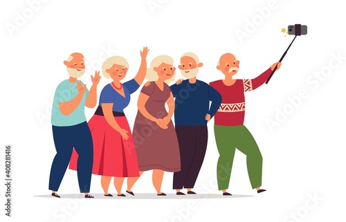 Seniors group. Old people, elderly friends together doing selfie. Happy cartoon modern grandparents using smartphone decent vector. Senior elderly, selfie people grandpa and grandmother illustration