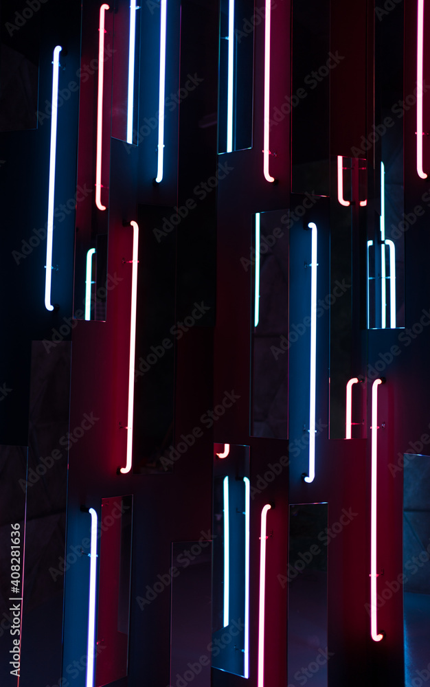 Futuristic neon lines. Abstract background of blue and red colors - obrazy, fototapety, plakaty 