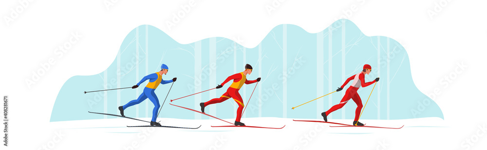 Fototapeta premium Skiers in sportswear are skiing using Ski poles and skis. Athletes participate in winter sports competition. The leader of the pelothon tries to win the sprint race.Vector flat design illustration.