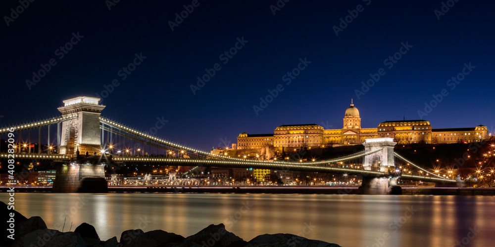 The Chain Bridge over the Danube river and the Buda Castle in Budapest, Hungary