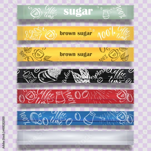 Sugar bag packaging mockup. Vector illustration with design examples in red, black, gray, yellow with illustrations. It can be used in advertising, promo, packaging.