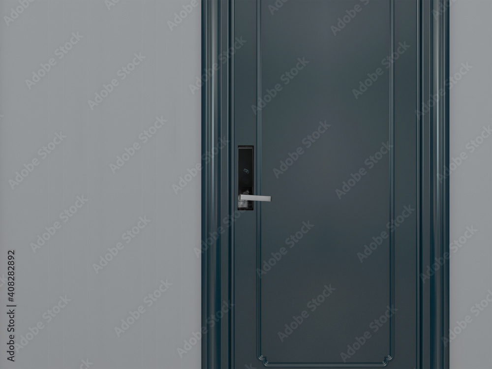 Electronic door handle on dark green door. Digital door lock security systems for good safety of apartment door. 