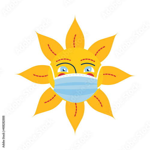Character of Slavic Sun for Maslenitsa Pancake week wearing face mask. Traditional Russian Winter Festival. Holiday Shrovetide during pandemic Coronavirus Covid. Festive vector illustration isolated.