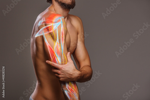 Photos Arm nerve pain, man holding painful zone injured point, human body anatomy