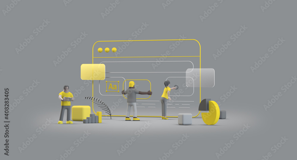 Web Browser UI UX Design Teamwork concept 3D illustration. Team People ...