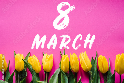 Row of yellow tulips on pink background with message. Holiday greeting card with text 8 march. Top view, flat lay.