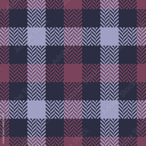 Tartan plaid pattern. Herringbone textured checked graphic in dark blue, pink, and purple for flannel shirt, skirt, pyjamas, blanket, or other modern autumn winter textile print.