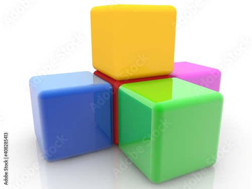 Four different colored toy blocks on white