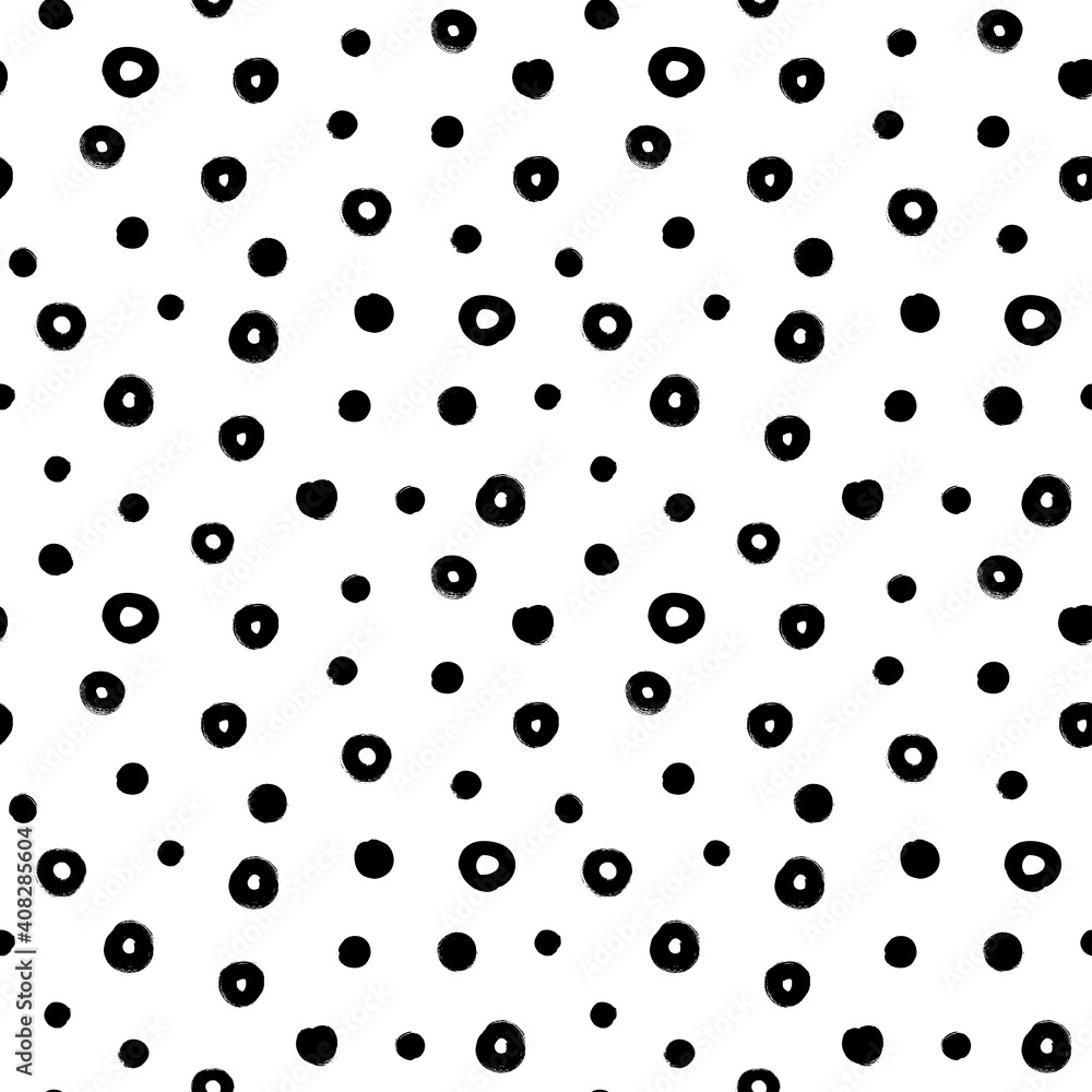Polka dot grunge seamless vector pattern. Circle brushstrokes and empty rounded shapes. Hand drawn abstract ink background. Smears, circles, dots, splotches, blobs. Abstract wallpaper design, textile