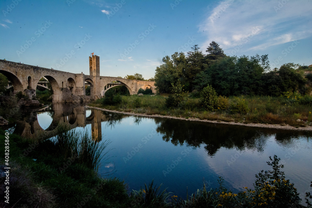 Panoramic landscape of Medieval village and castle in Besalu, Costa Brava, Spain. Besalu is a famous tourist destination in Spain, South Europe.
