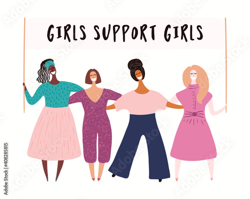 Diverse women group on a protest, holding banner with copy space. Hand drawn vector illustration, isolated on white. Flat style design. Concept for feminism, gender equality. Female cartoon characters