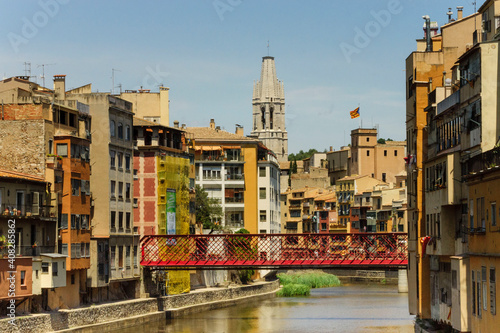 puente de las Peixeterias Velles sobre el rio Onyar, la iglesia de Sant Feliul al fondo,Girona,Catalunya, spain, europa photo