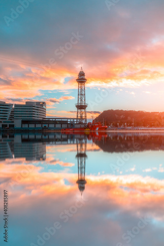 Barcelona cableway in front of the sea