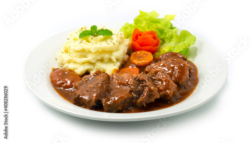 Beef Stew in Red Wine Sauce Served Mashed Potatoes