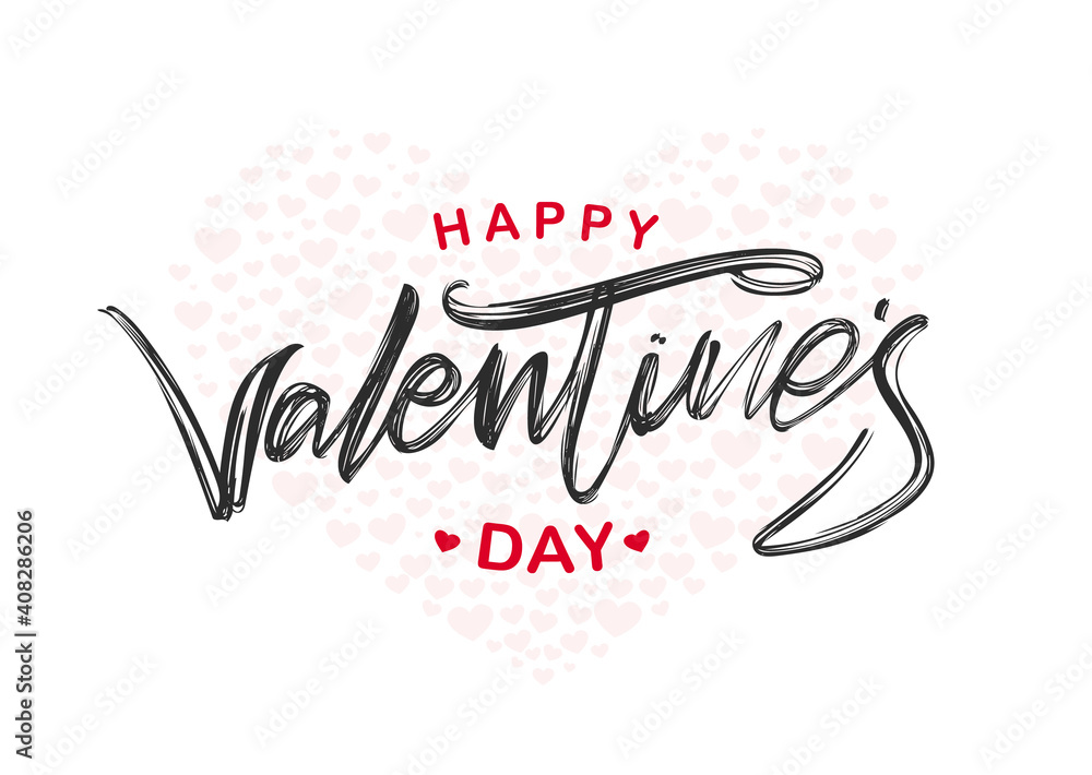 Handwritten brush type ink lettering of Happy Valentines Day on white background.