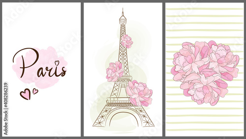 Cards with Paris symbols. Eiffel Tower. Peony. Vector illustration.