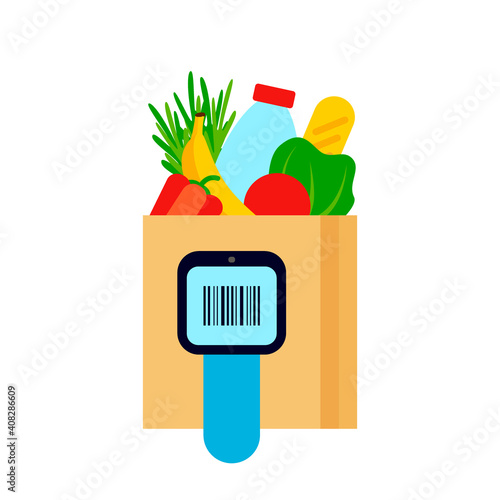 Service for self checkout pay with scanner in supermarket. Separate safe purchase in shop buyer. Scan, pack and pay. Vector illustration