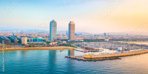Barcelona picture from the air, here you can see the famous barceloneta towers. © Maxim Morales