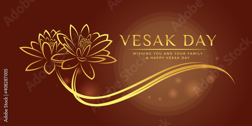 Vesak day banner with gold abstract line drawing Two lotus flowers sign on circle moon light and brown background vector design