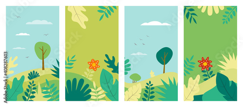 Spring background. Vector spring landscape for social media stories. Plant background in flat style
