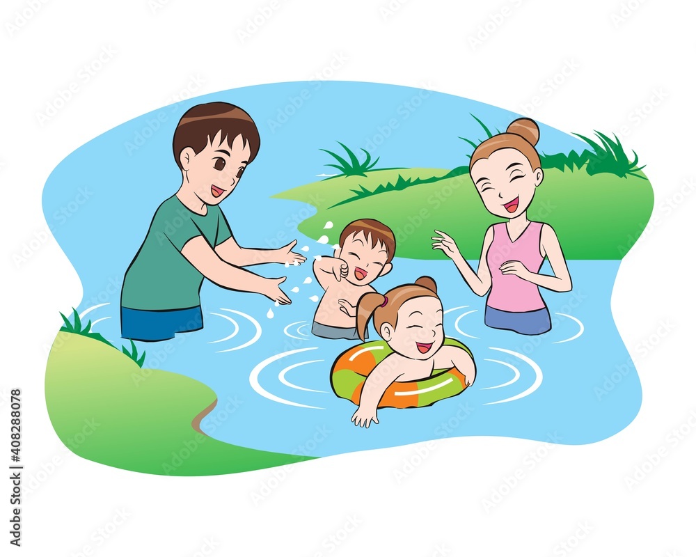 Dad and mom watching kids ensuring safety. Summer holidays recreation. Happy girl boys children enjoying safe river water swimming. vector illustration isolated cartoon hand drawn Dad and mom watching kids ensuring safety. Summer holidays recreation. Happy girl boys children enjoying safe river water swimming. vector illustration isolated cartoon hand drawn