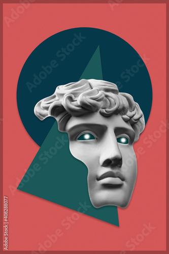 Collage with plaster antique sculpture of human face in a pop art style. Modern creative concept image with ancient statue head. Zine culture. Contemporary art poster. Funky minimalism. Retro design.