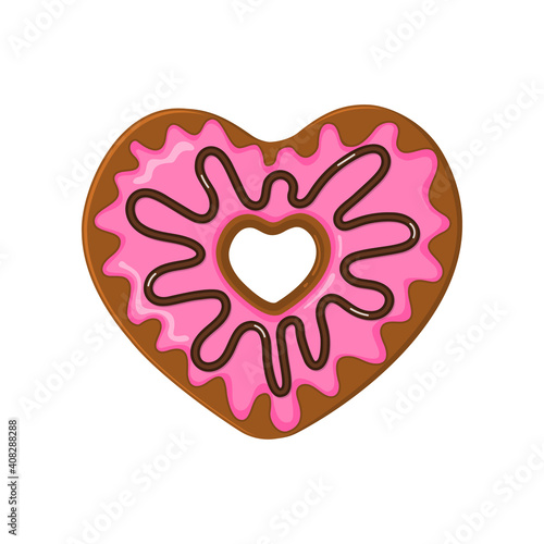 Heart shaped donut isolated on white background. Doughnut with pink icing and chocolate topping. Sweet dessert for Valentines day. Vector cartoon illustration.