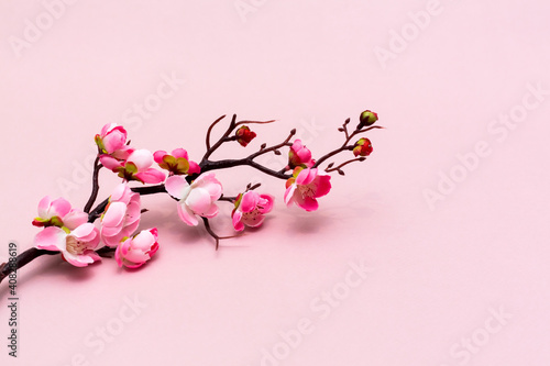 Artificial flowers on the branch. Pink background.