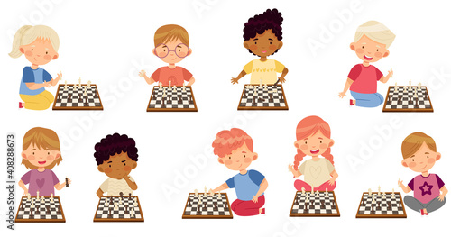 Cute Kids Sitting and Playing Chess Vector Set