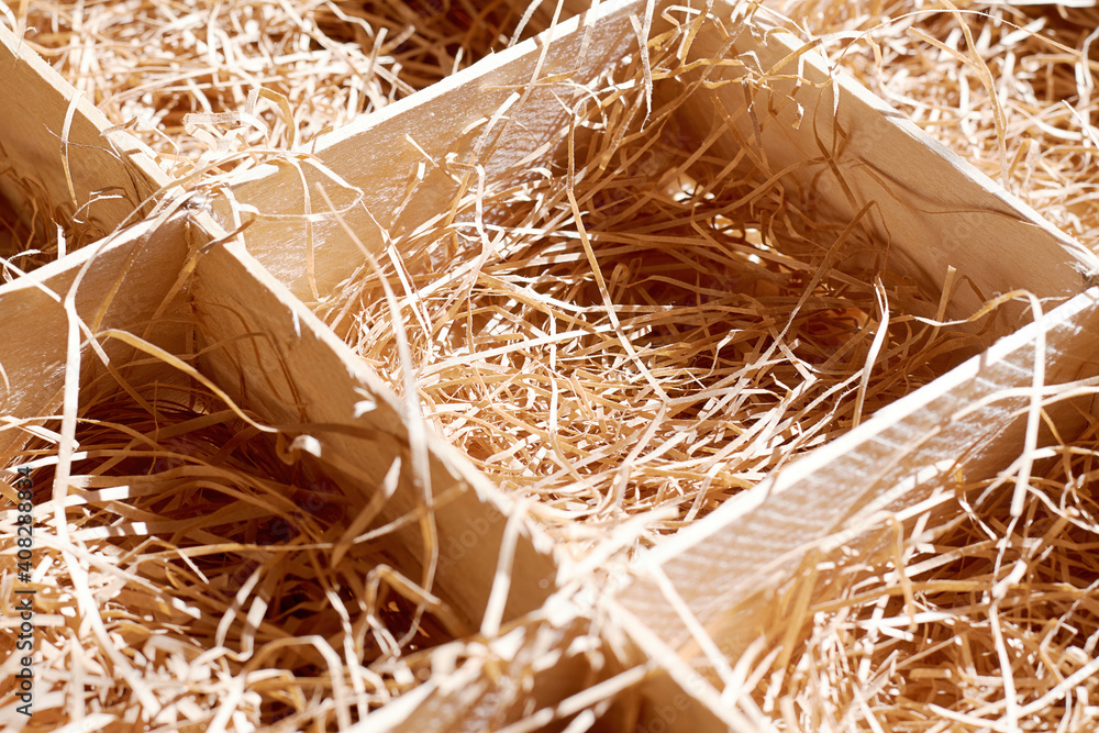 Wooden box with a straw for food and fragile objects. Background ...