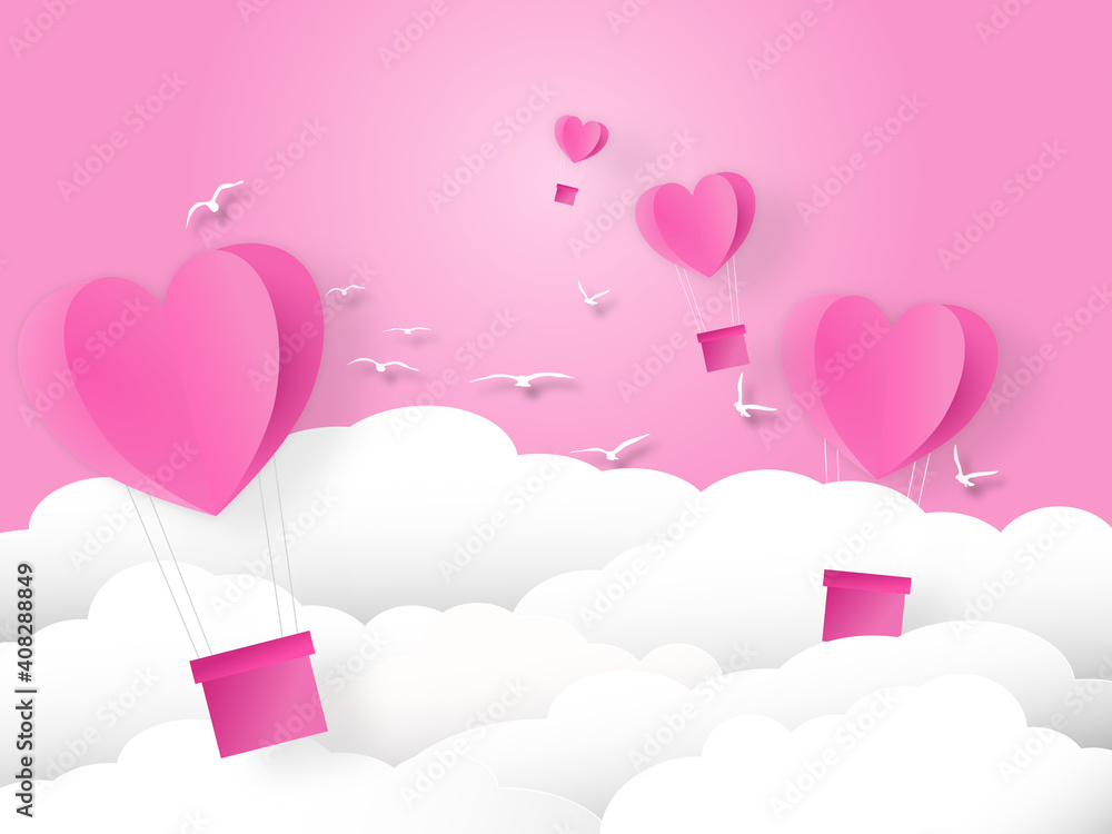 Valentine heart balloons flying on pink background. Valentines day background
