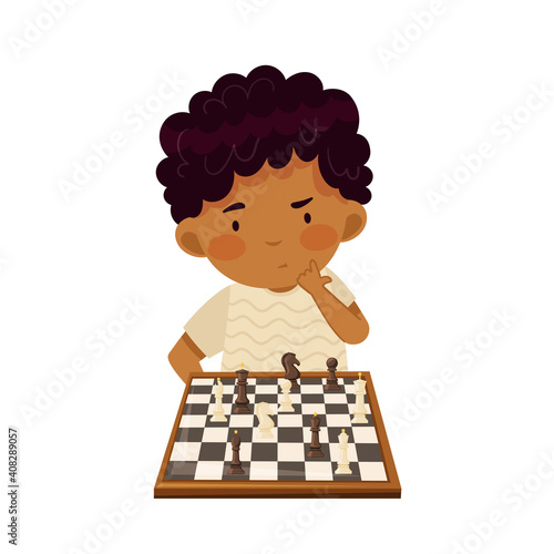 Smart Boy Character Playing Chess on Checkered Chessboard Vector Illustration