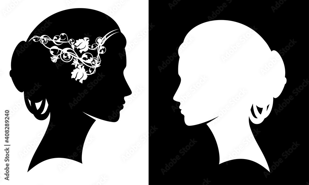 elegant bride profile portrait decorated with rose flowers - beautiful woman head silhouette set