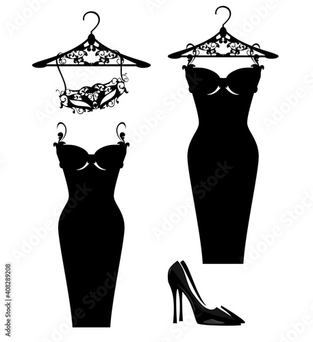 luxuriuos haute couture women fashion atelier design set with vector silhouettes of little black dress and masquerade mask