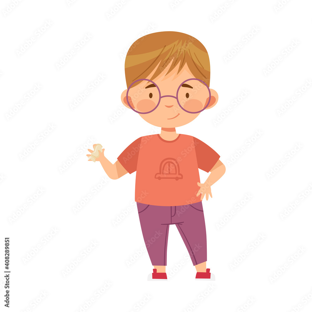 Cute Boy in Glasses Holding Chessman or Chess Piece with Hand Vector Illustration