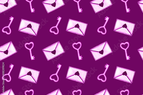 Seamless pattern with pink letters and hearts and keys on purple background. Romantic hand painted watercolor illustration. Valentines day wrapping paper, scrapbook page, fabric, textile designs.