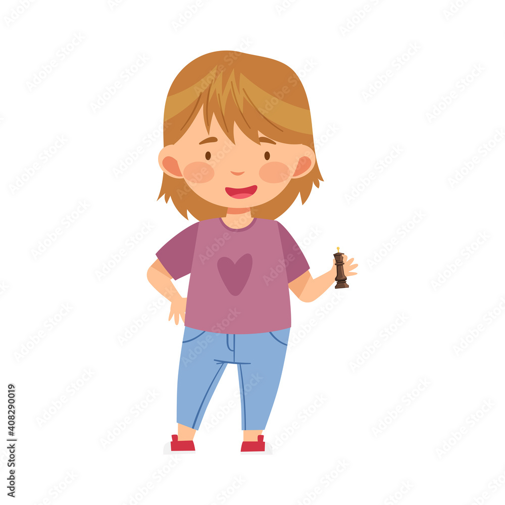 Funny Girl Holding Chessman or Chess Piece with Hand Vector Illustration Funny Girl Holding Chessman or Chess Piece with Hand Vector Illustration