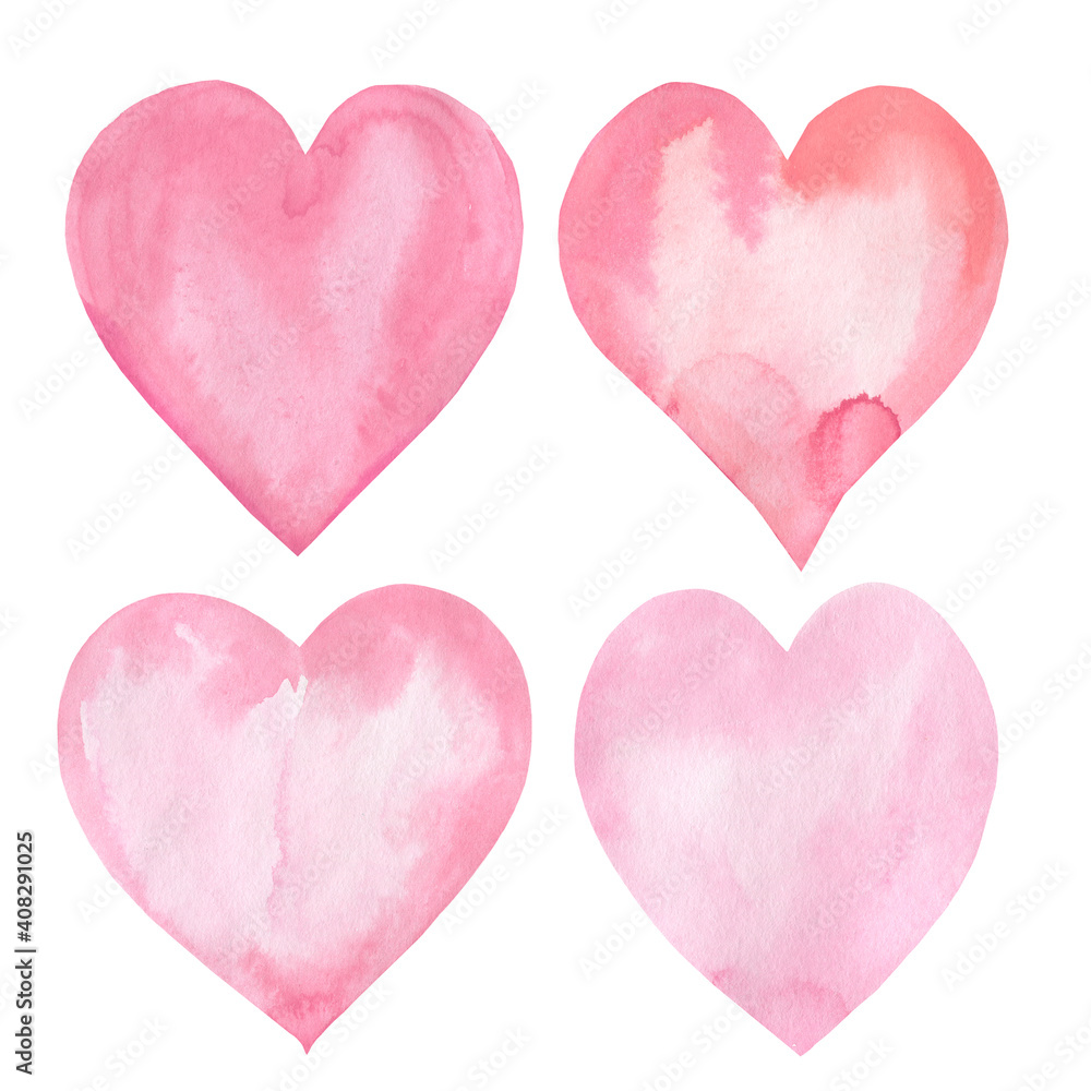 Pink hearts, watercolor illustration, greeting card, valentine's day