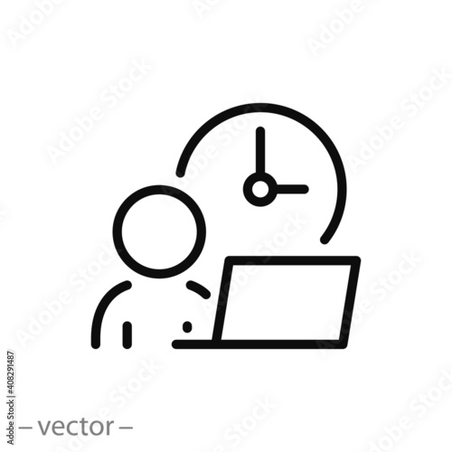 flexible schedule work icon, worker hours, punctual business man, part time job, remotely at the computer,  thin line symbol on white background - editable stroke vector illustration eps10