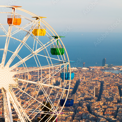 Photography Picture of the Ferris wheel of tibidabo amusement park in Barcelona, Spain