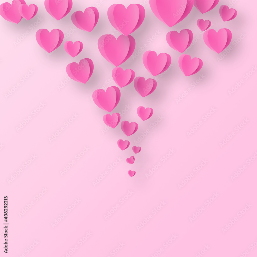 Valentines hearts postcard. Paper hearts flying on pink background