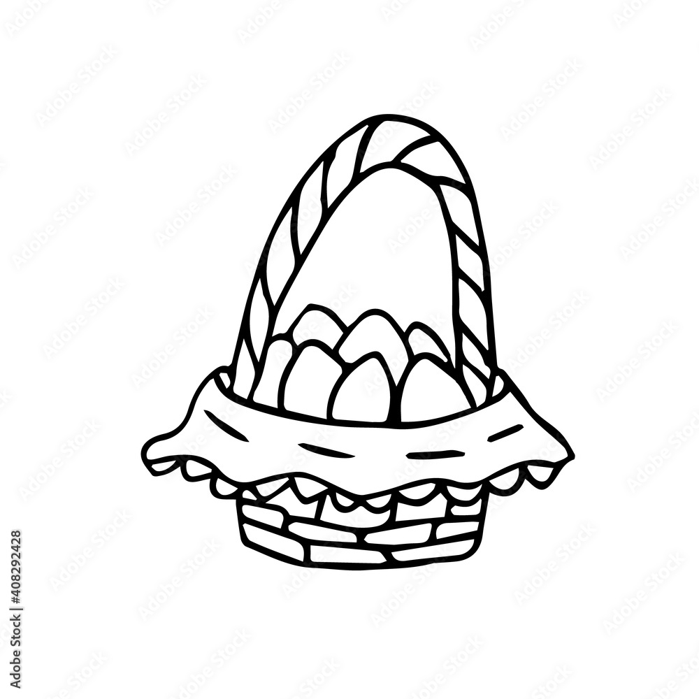 Fototapeta premium Doodle illustration of an Easter basket with eggs on a napkin