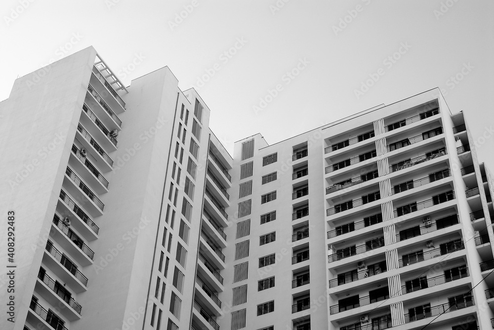 Modern multistory building view from the ground. Modern multistory building. Modern multistory building view from the ground. Modern multistory building.