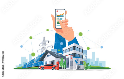 Smartphone with electricity energy control usage monitoring app. Sustainable renewable power plant system storage station with electric car charging solar panels, wind, high voltage power grid city.