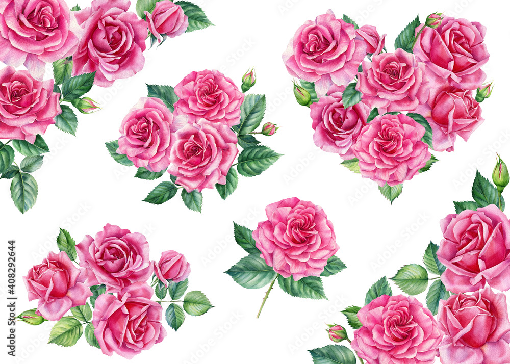 Set of pink roses, Heart, flower decorations on white background, watercolor illustration, valentine's day Set of pink roses, Heart, flower decorations on white background, watercolor illustration, valentine's day