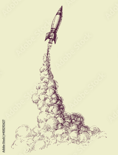 Rocket launch vector hand drawing. Business startup concept