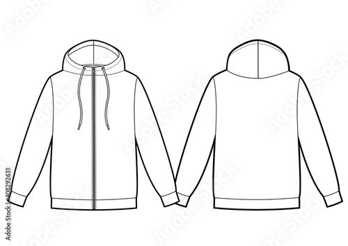 Vector. Men's hooded sweatshirt with zipper (back, front view)