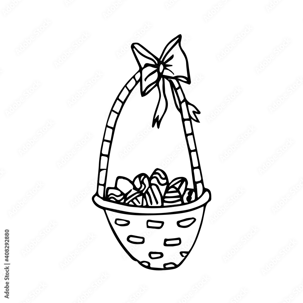Basket with a bow on the handle and Easter eggs isolated on a white background Basket with a bow on the handle and Easter eggs isolated on a white background